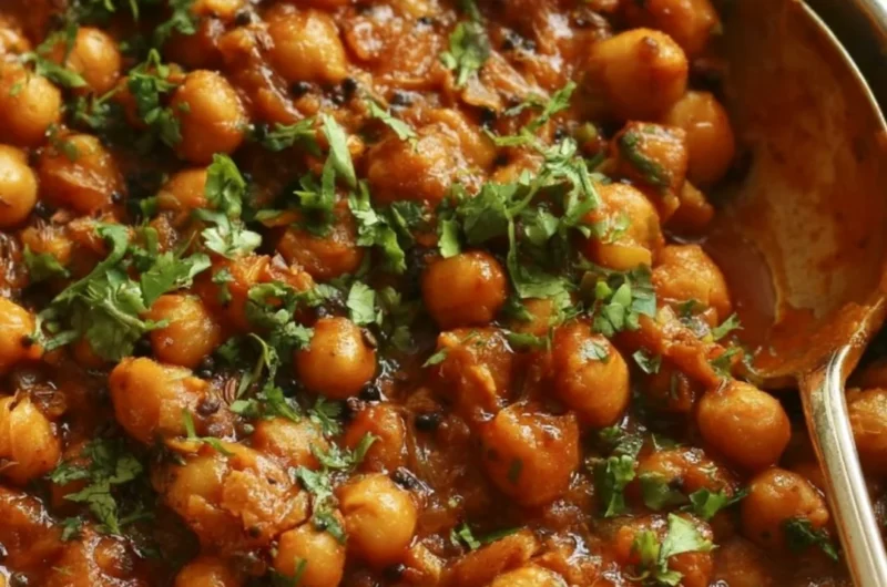 Delicious bowl of chickpea masala garnished with fresh herbs and spices