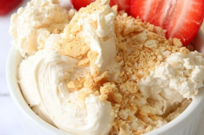 Cozy high protein cheesecake dip served in a bowl with fresh fruit