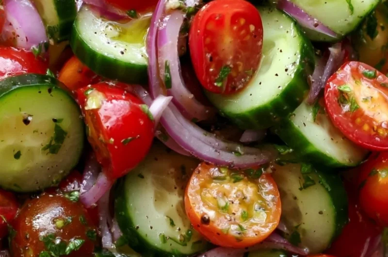 Fresh cucumber tomato salad with herbs and dressing on a wooden table