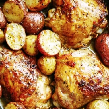 One Pan Maple Mustard Chicken with golden potatoes ready to serve.