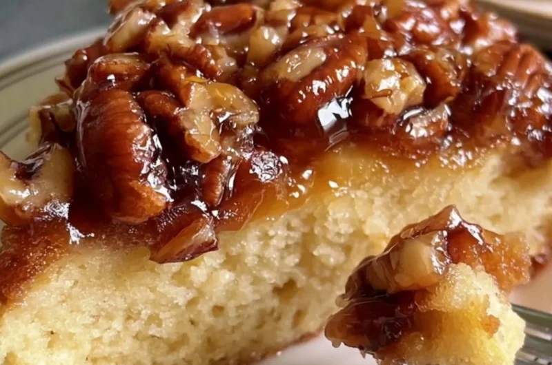 Upside Down Caramel Pecan Cake topped with pecans and rich caramel sauce